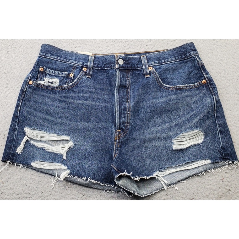 Levi's 501 Original Shorts Womens 33 Blue Denim Distressed Frayed Hem Button Fly